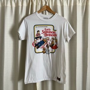 LET’S SUMMON DEMONS TEE- STEVEN RHODES-SMALL-WHITE, RED, BLUE,& RED